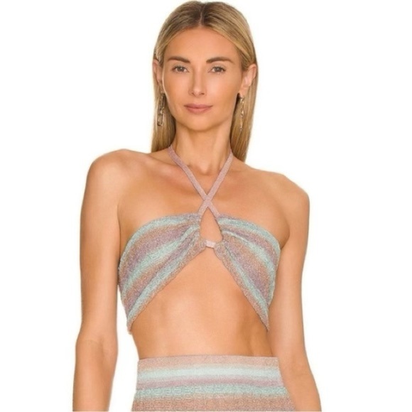 NWT MISA Los Angeles Blanca Shimmer Knit Halter Top Blue Combo Small - Picture 1 of 6